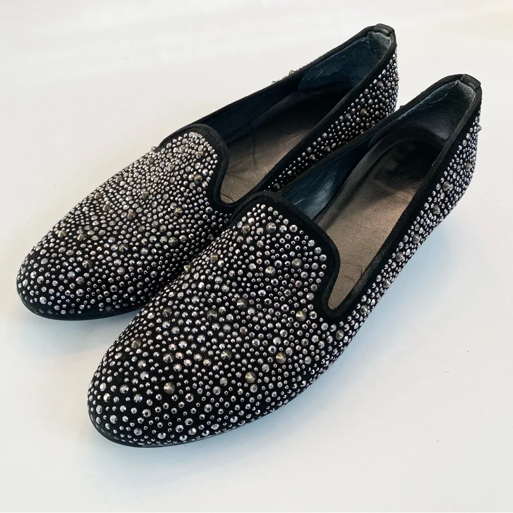 Stuart Weitzman Slipbead Studded Stud Loafer Smoking Slipper Black Silver Sz 8